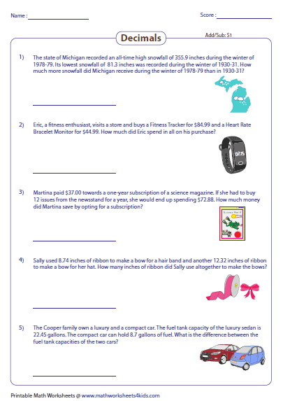 Decimal Word Problems Worksheets