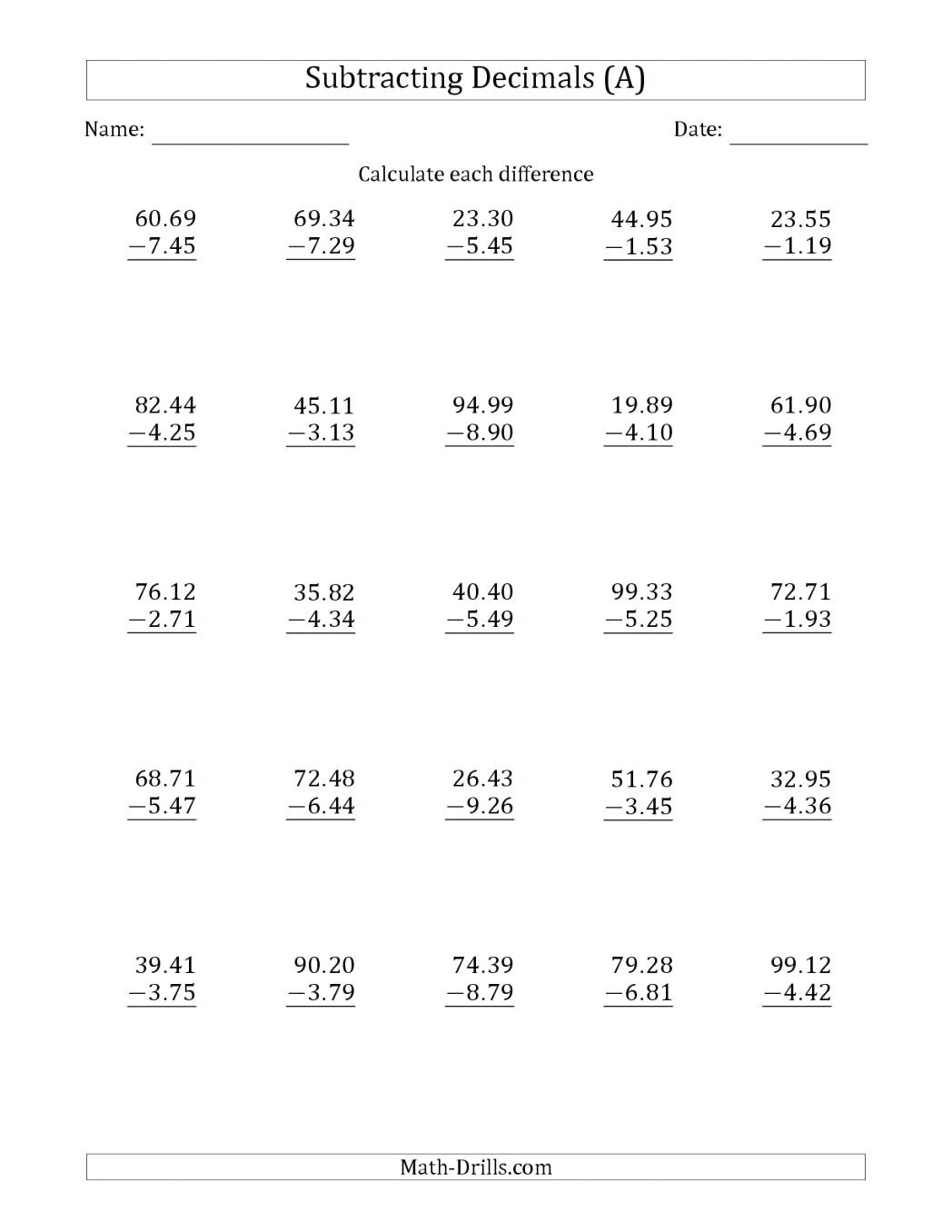 Decimal Worksheets 5Th Grade Adding And Subtracting Decimals Db excel