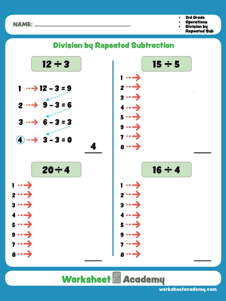 Division By Repeated Subtraction Third Grade Math Worksheets 