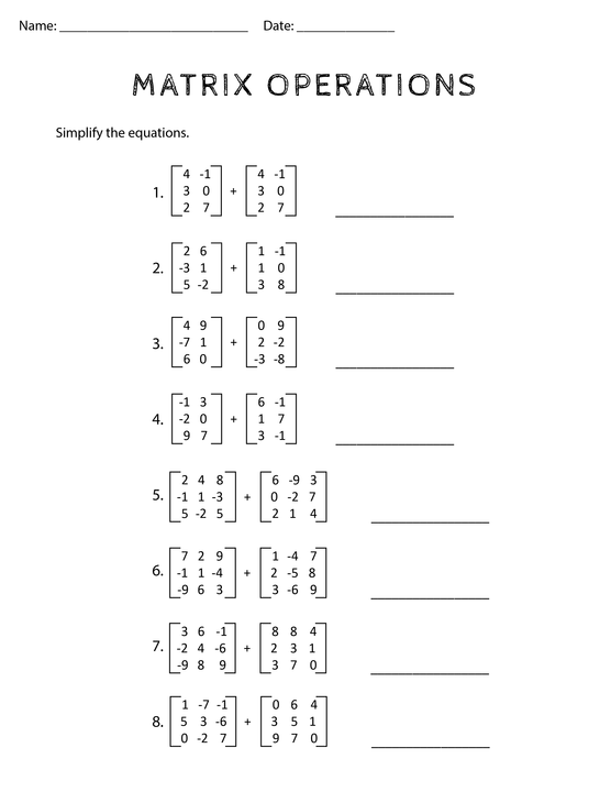 Download Matrix Addition And Subtraction Worksheets