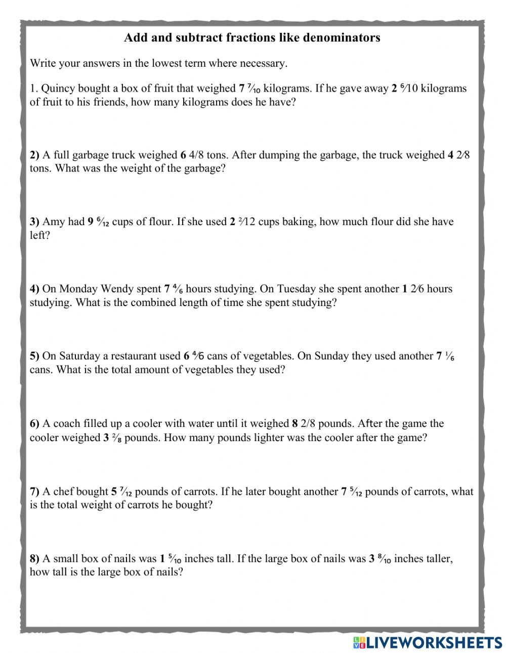 Ejercicio De Add And Subtract Fraction Word Problems