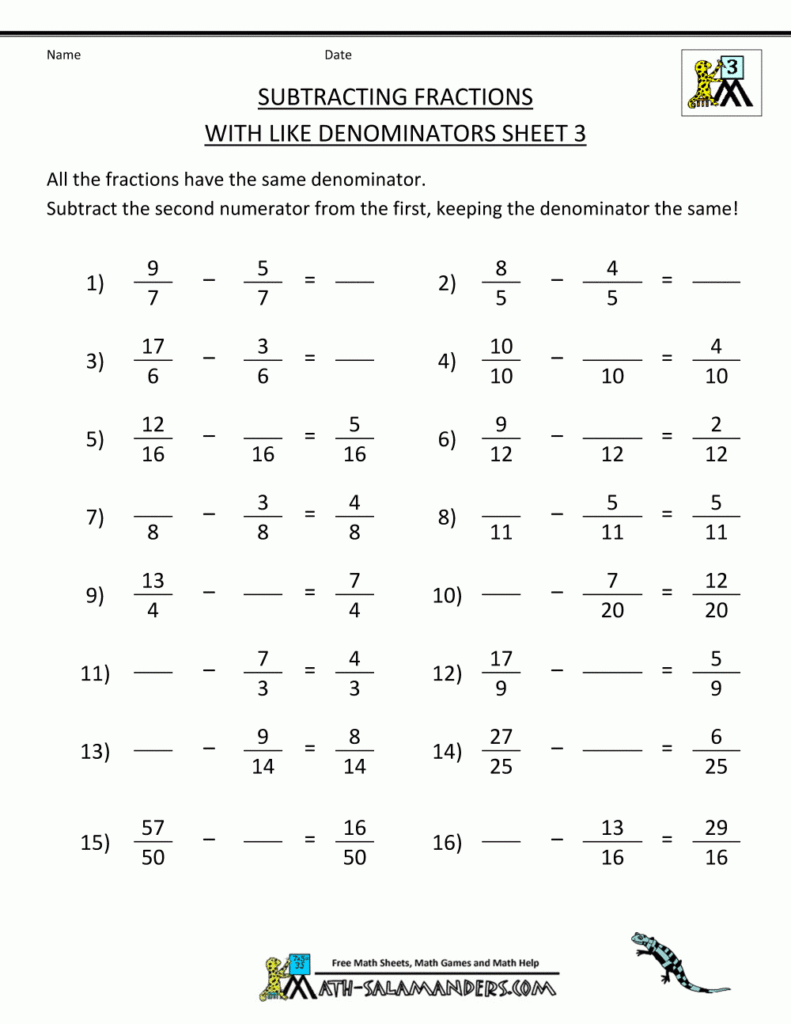 Fractions Worksheets With Answers For 7th Grade Fraction Worksheets 