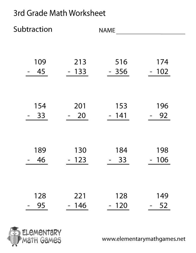 Free Printable Subtraction Worksheet For Third Grade