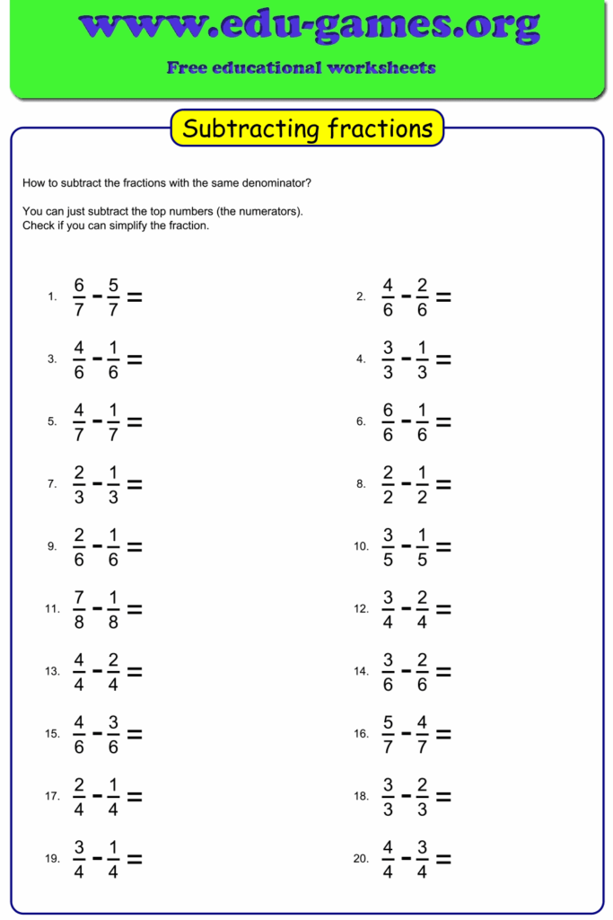 Free Subtracting Fractions With Options To Choose Like Or Unlike 