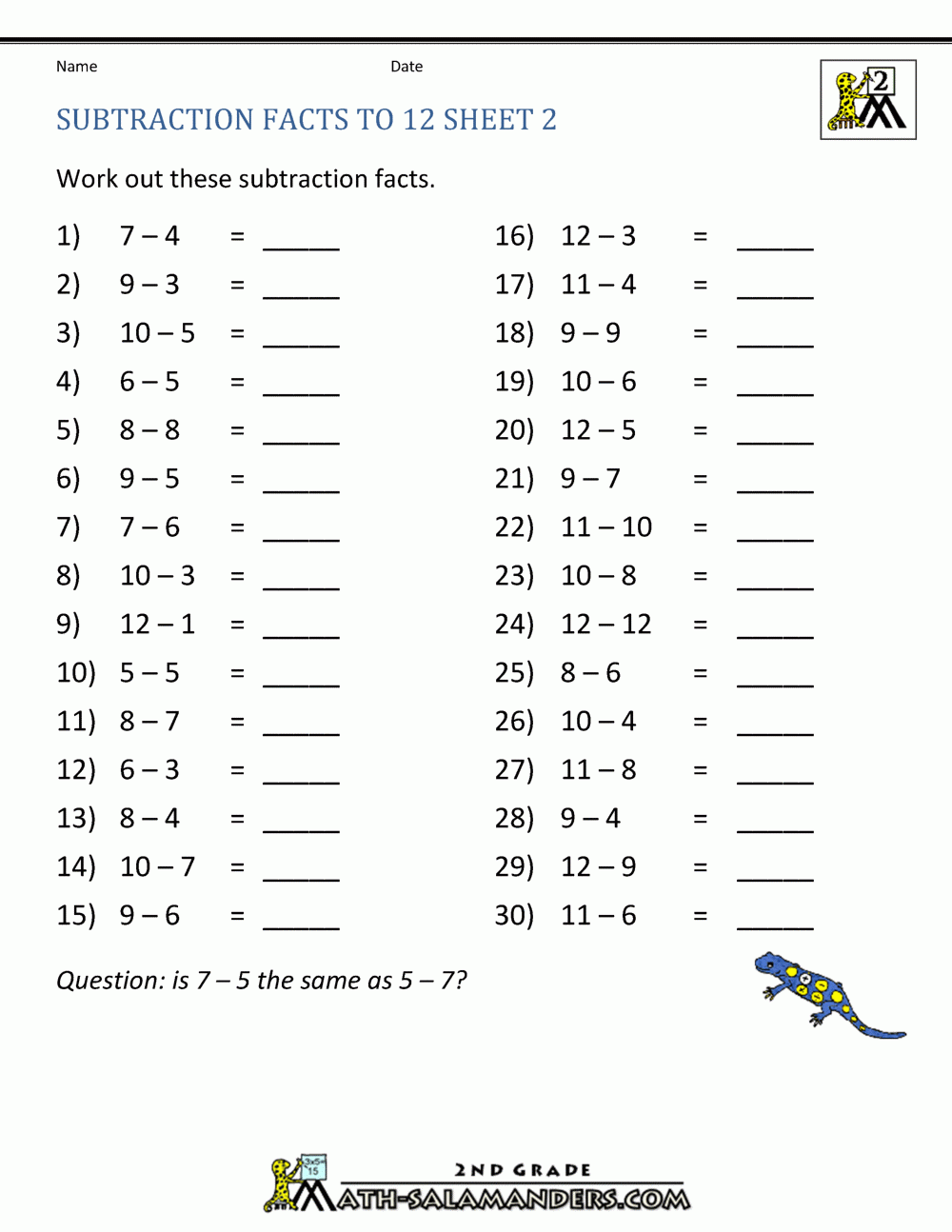 Free Subtraction Worksheets To 12