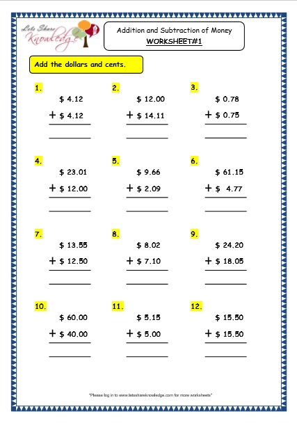 Grade 3 Maths Worksheets 10 2 Addition And Subtraction Of Money 