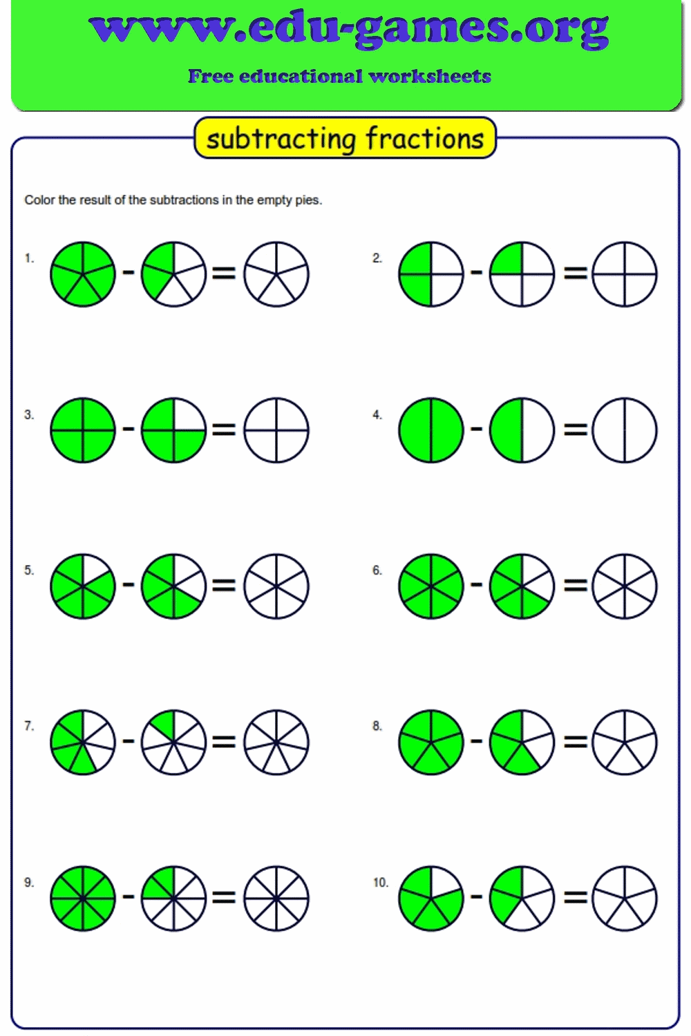 Graphical Subtract Fraction Worksheets Free Printable Worksheets