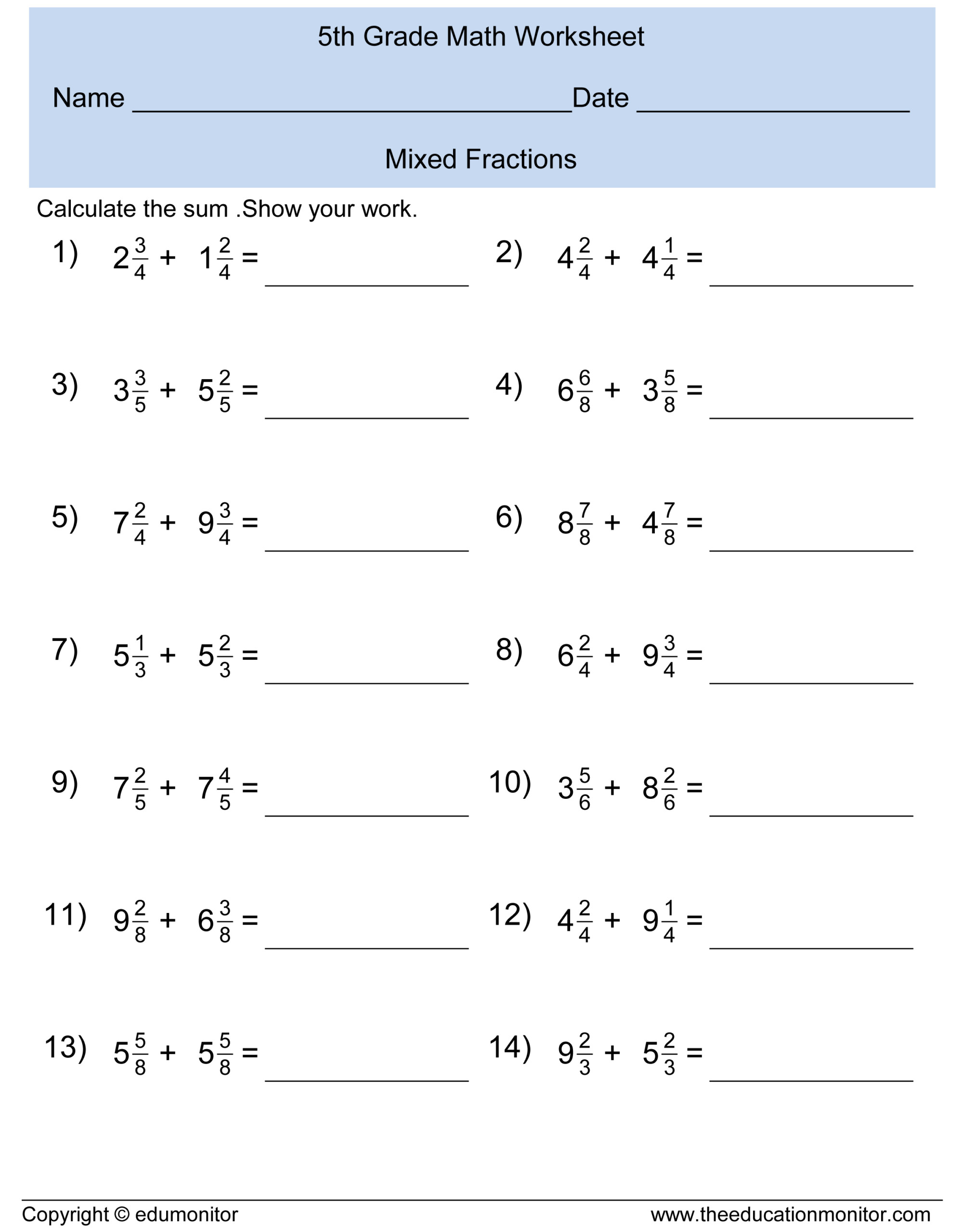 Improper Fractions Subtraction Worksheet