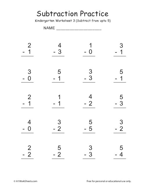 Kindergarten Single Digit Subtraction Worksheets