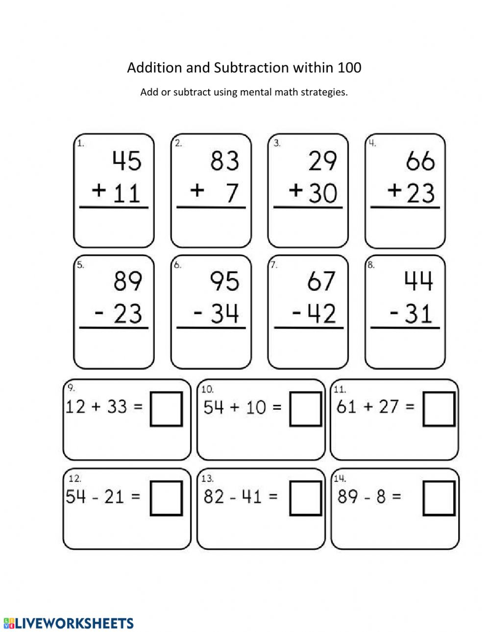 MA1 Tuesday Addition And Subtraction Within 100 Worksheet