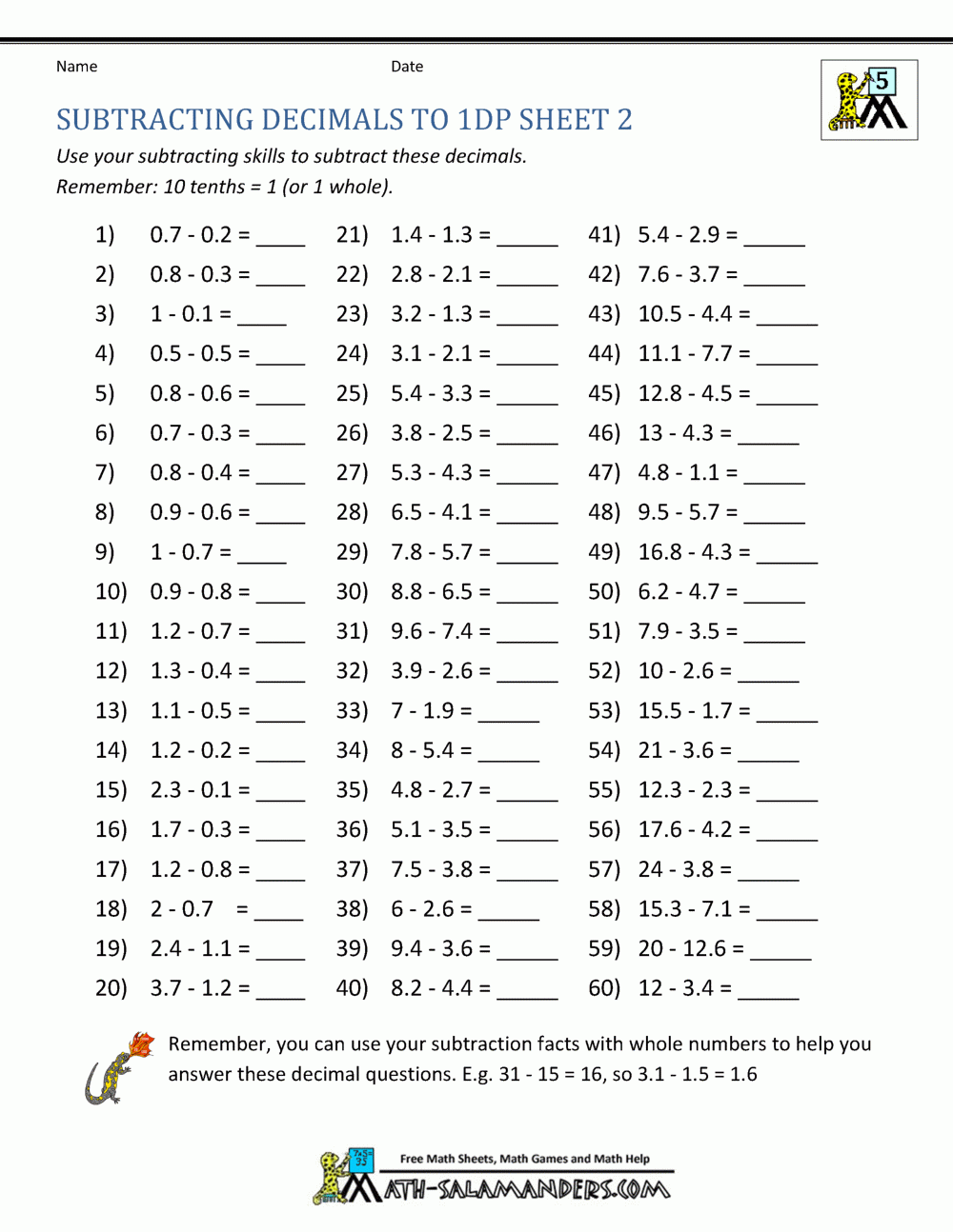 Math Worksheets Decimals Subtraction