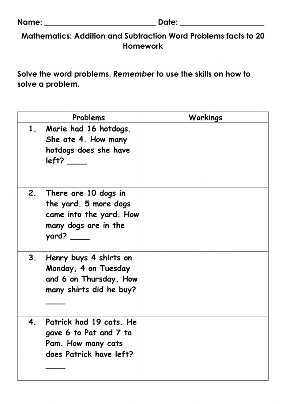 Mathematics Addition And Subtraction Word Problem Facts To 20 Homework 