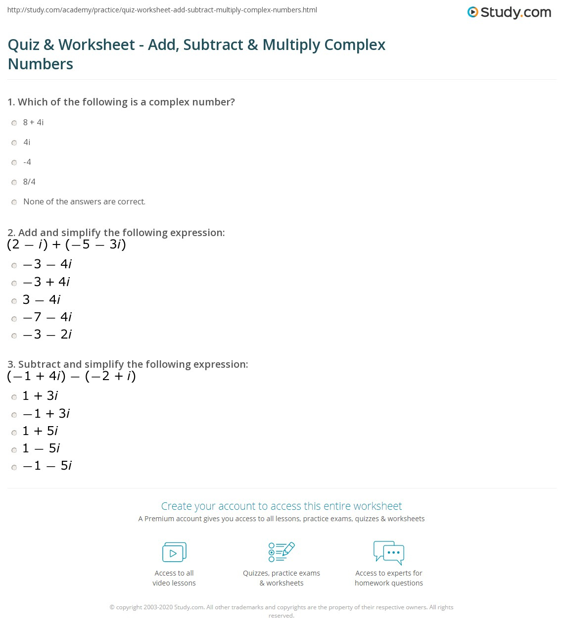 Quiz Worksheet Add Subtract Multiply Complex Numbers Study