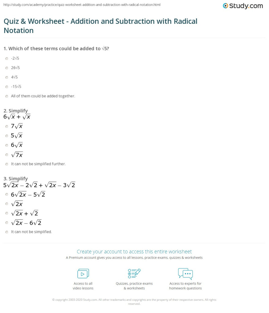 Quiz Worksheet Addition And Subtraction With Radical Notation