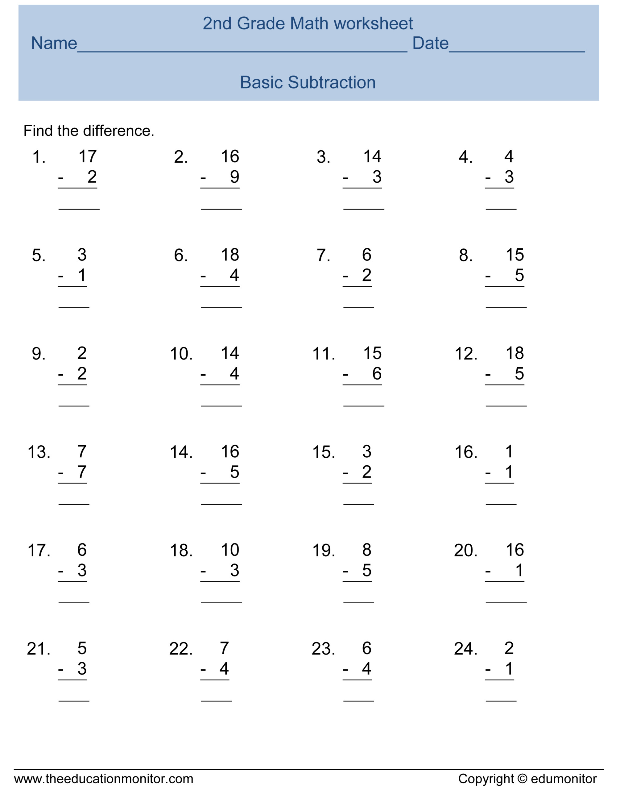 Second Grade Subtraction Math Worksheets EduMonitor