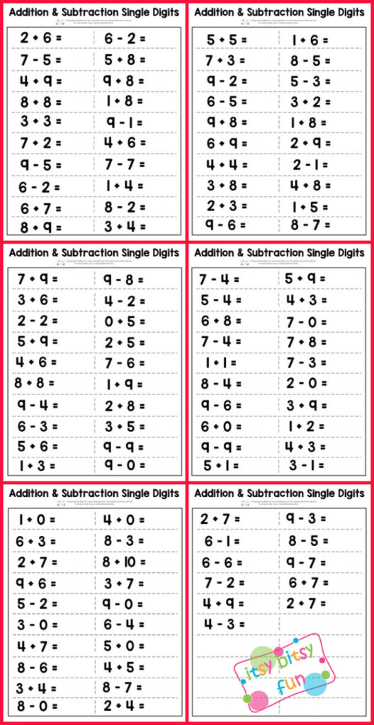 Single Digit Addition And Subtraction Worksheet Itsybitsyfun