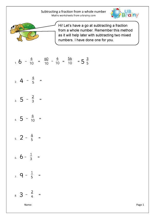 Subtract Fractions From Whole Numbers Fraction And Decimal Worksheets 
