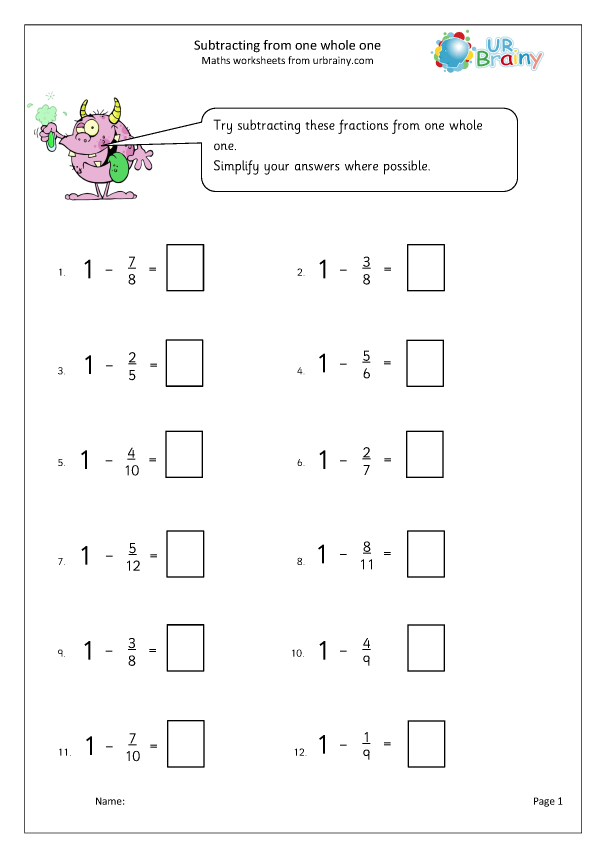 Subtracting Fractions From 1 Fraction And Decimal Worksheets For Year 