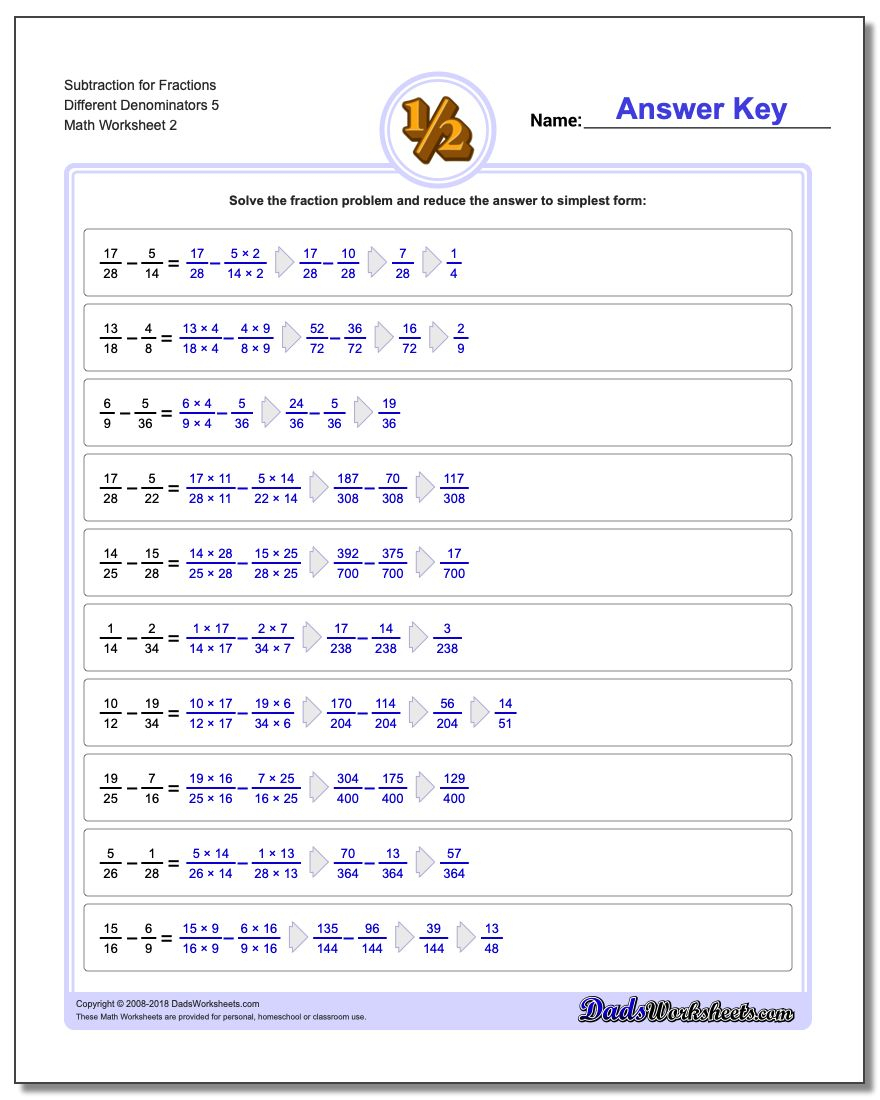 Subtracting Fractions With Different Denominators Worksheets 5th Grade 