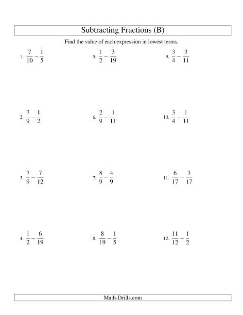 Subtracting Fractions With Unlike Denominators B 