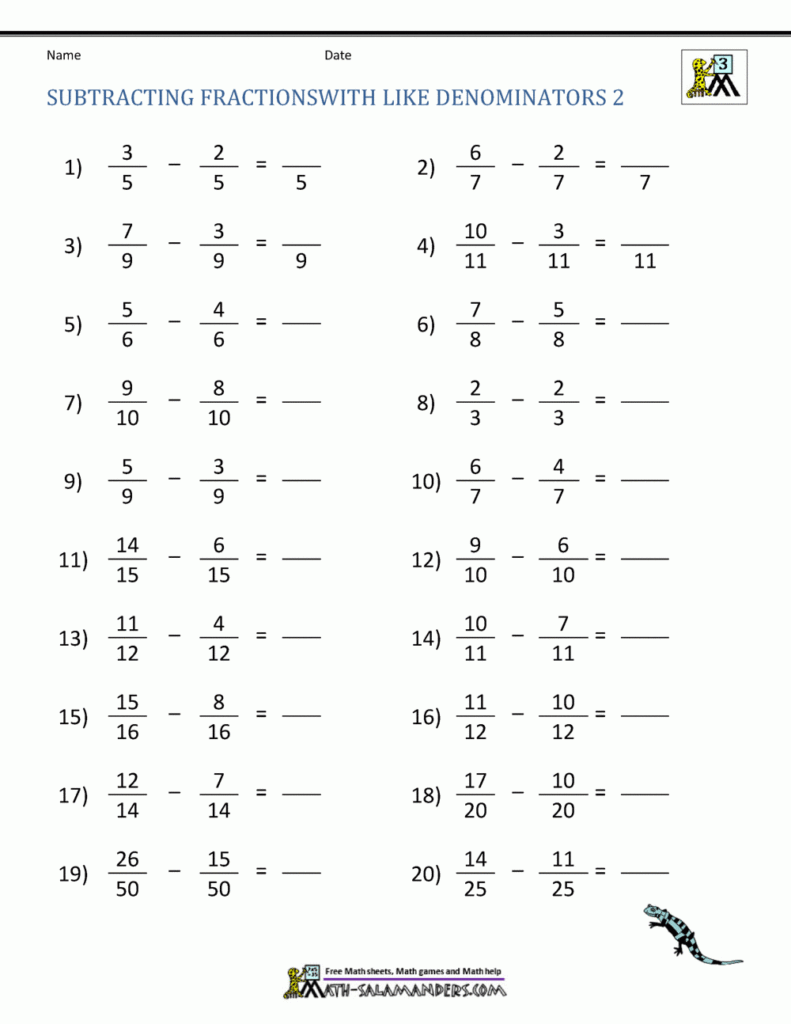 Subtracting Fractions With Unlike Denominators Worksheet Answers 