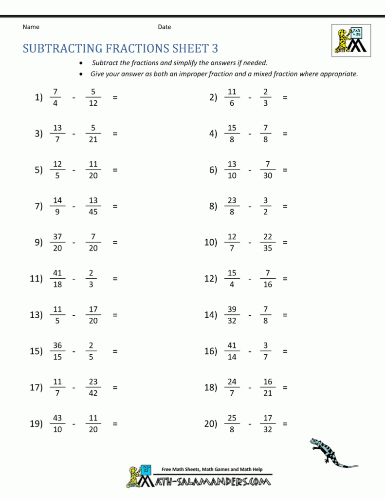 Subtracting Fractions With Unlike Denominators Worksheet Answers