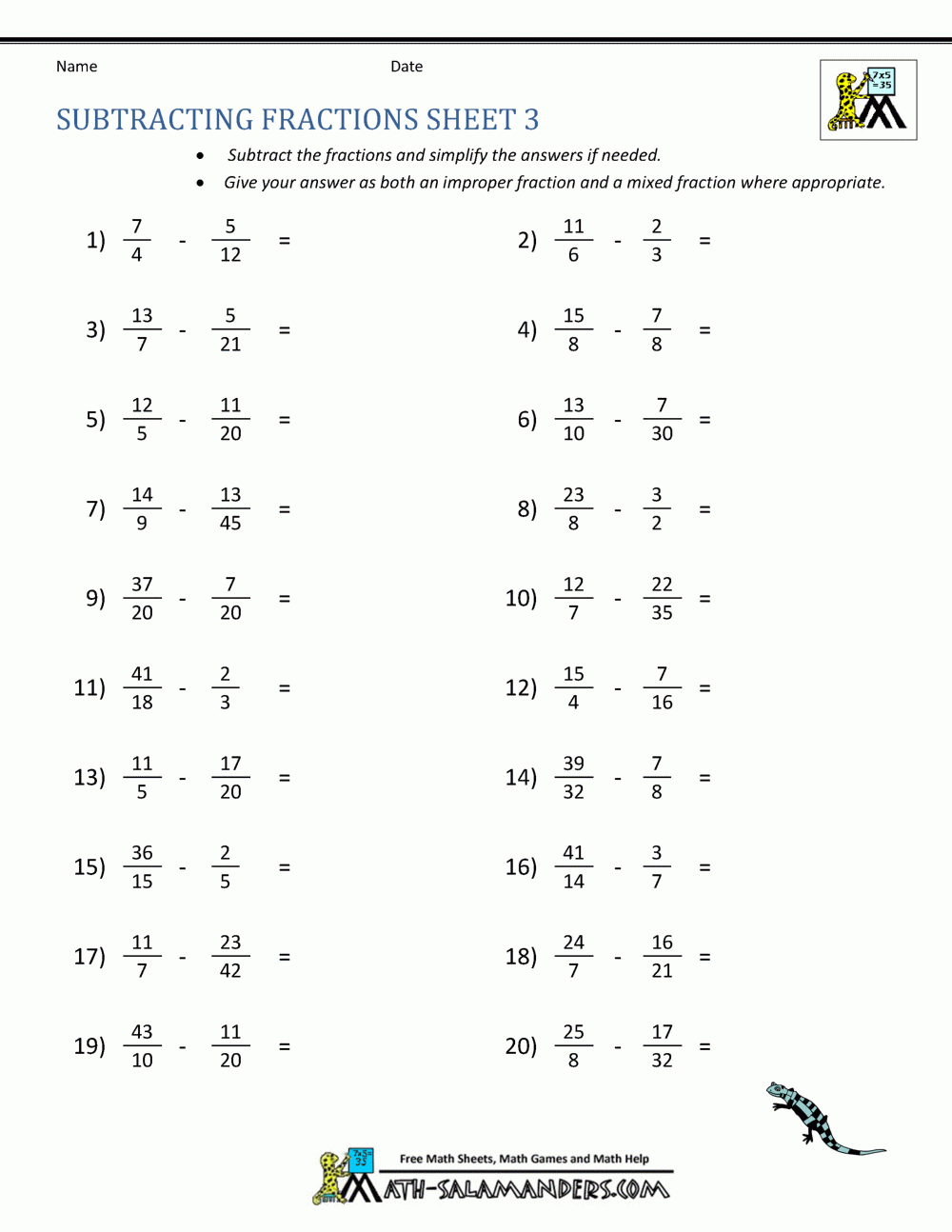 Subtracting Fractions With Unlike Denominators Worksheet Answers 