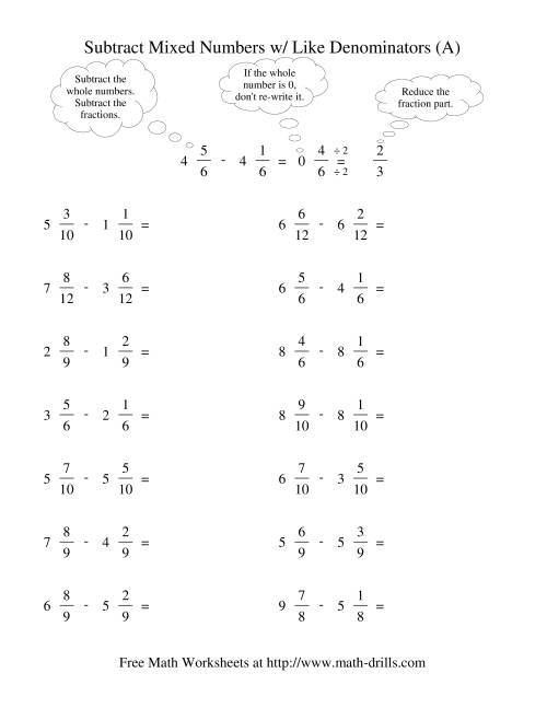 Subtracting Mixed Fractions Like Denominators Reducing No Renaming 