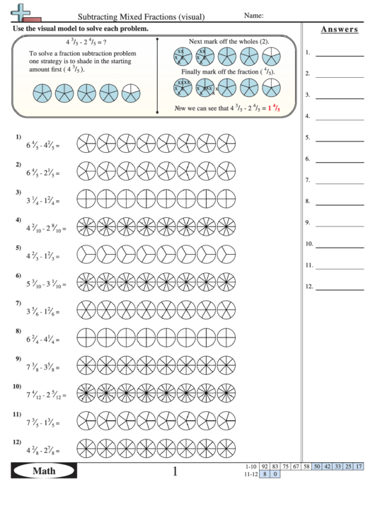 Subtracting Mixed Fractions Visual Worksheet With Answer Key Printable 