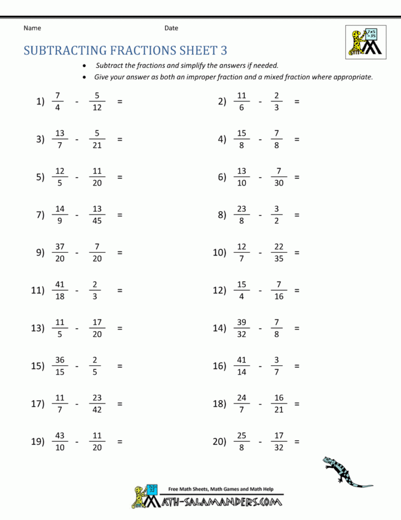 Subtracting Unlike Fractions Grade 5 Fractions Worksheet Fraction