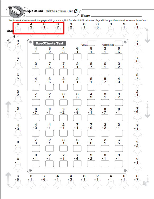 Subtraction 1s Through 9s BASIC Rocket Math