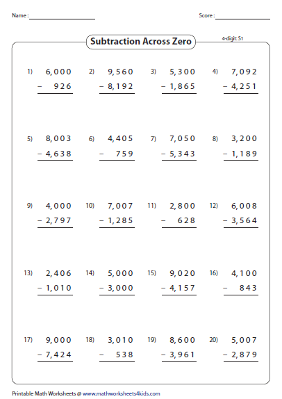 Subtraction Across Zeros 4 digit Subtraction Across Zeros 