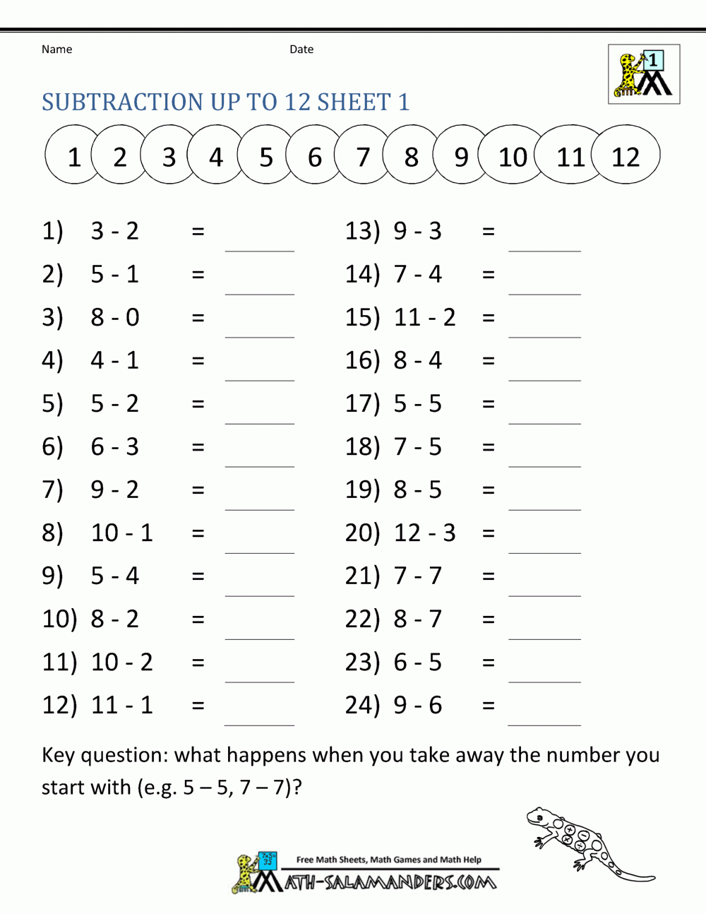 Subtraction Facts Worksheets 1st Grade