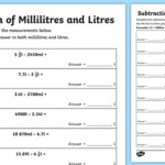 Subtraction Of Millilitres And Litres Worksheet