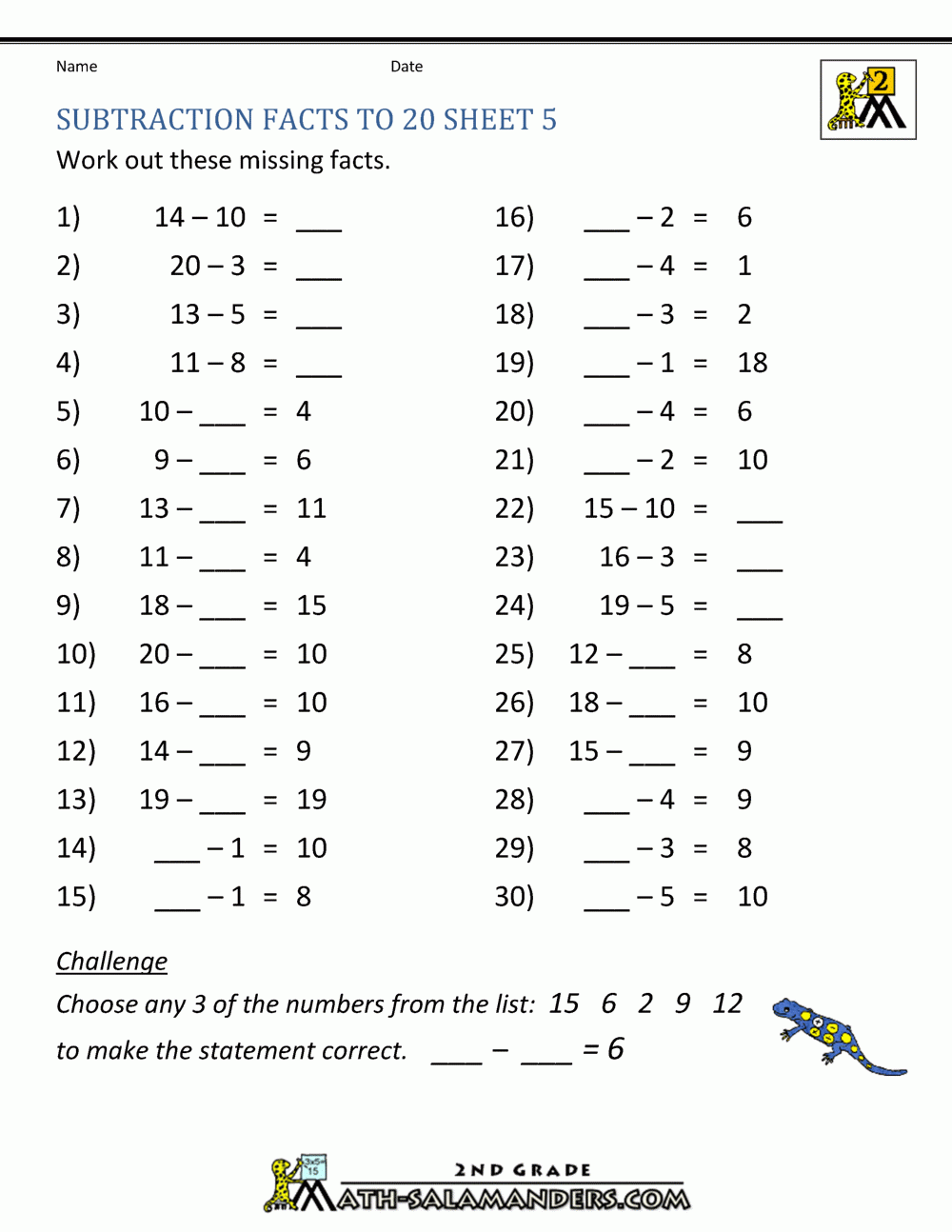 Subtraction To 20