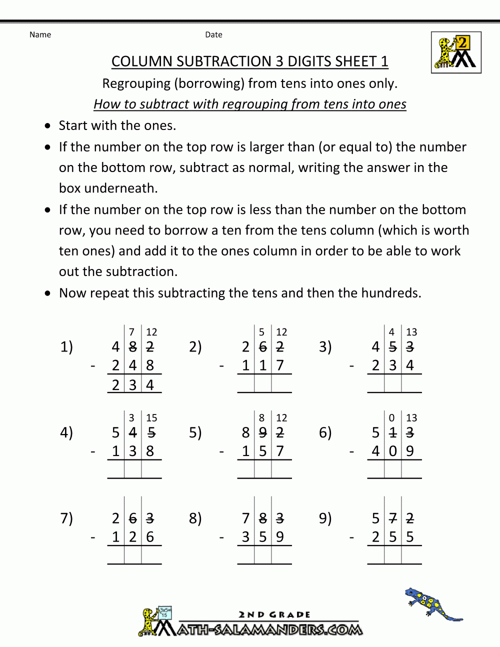 Subtraction With Regrouping Worksheets