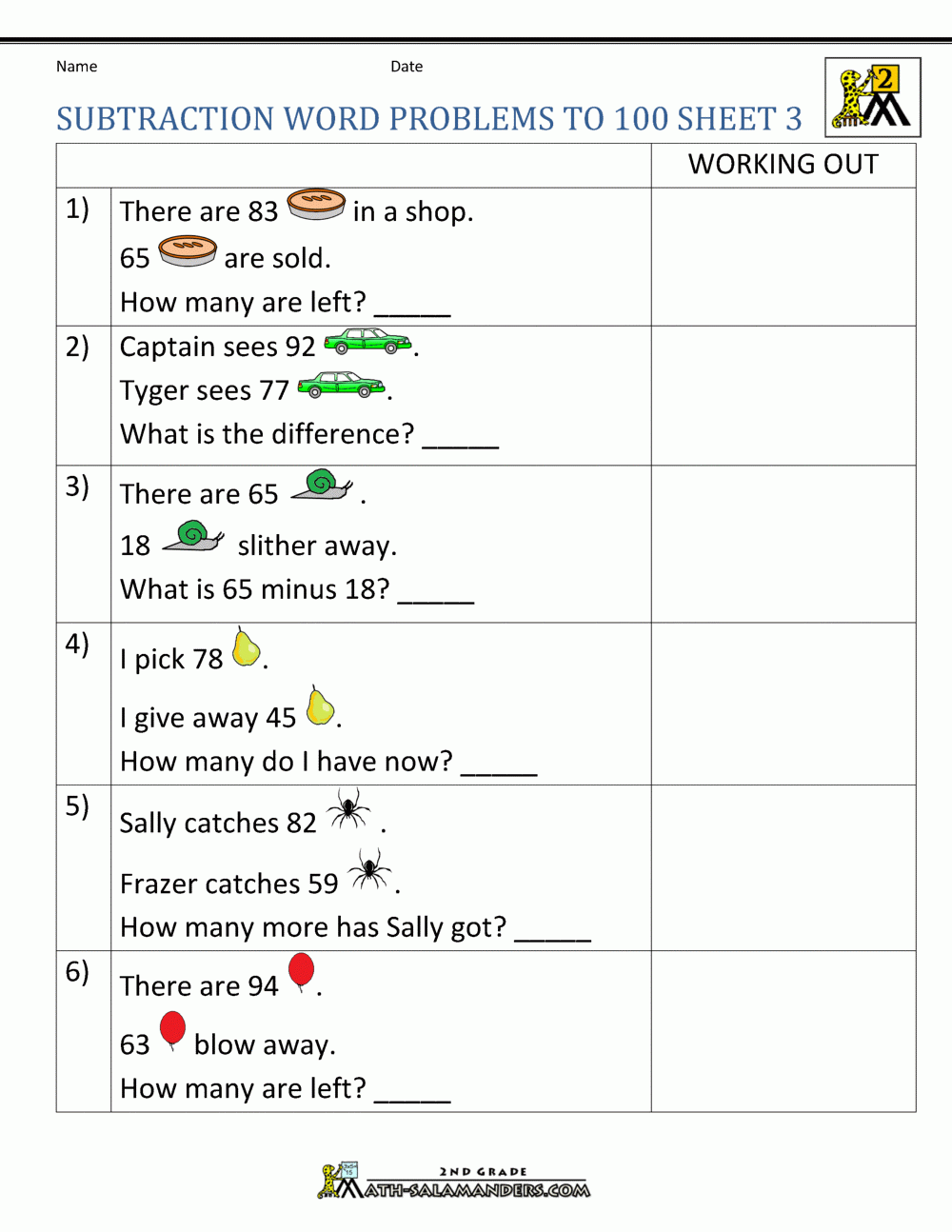 Subtraction Word Problems 2nd Grade