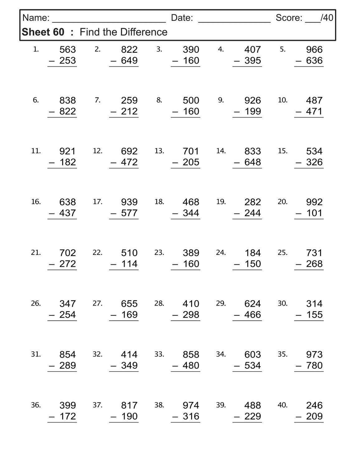 Subtraction Worksheet 100 Practice Sheets With Answers Etsy