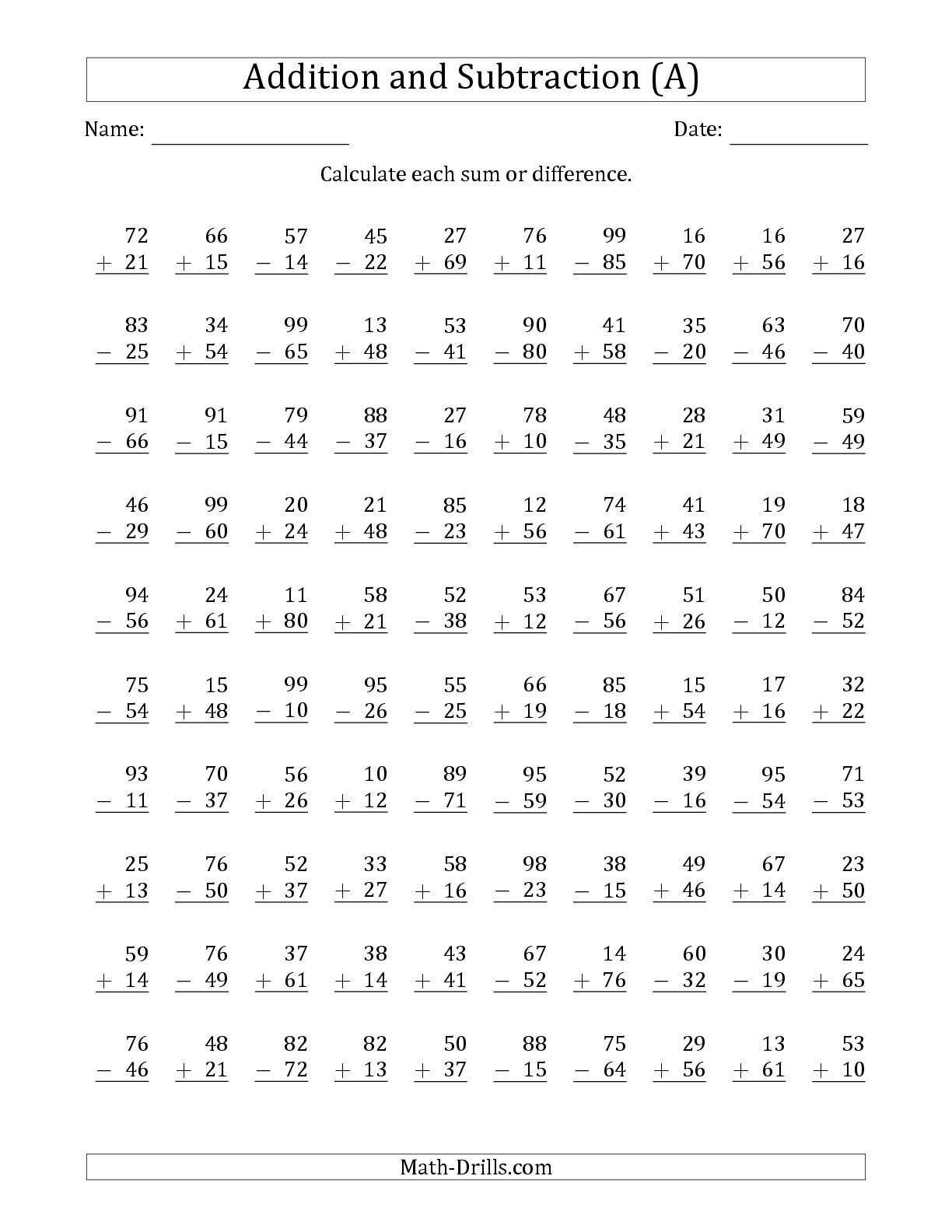 The 100 Two Digit Addition And Subtraction Questions With Sums Minuends 