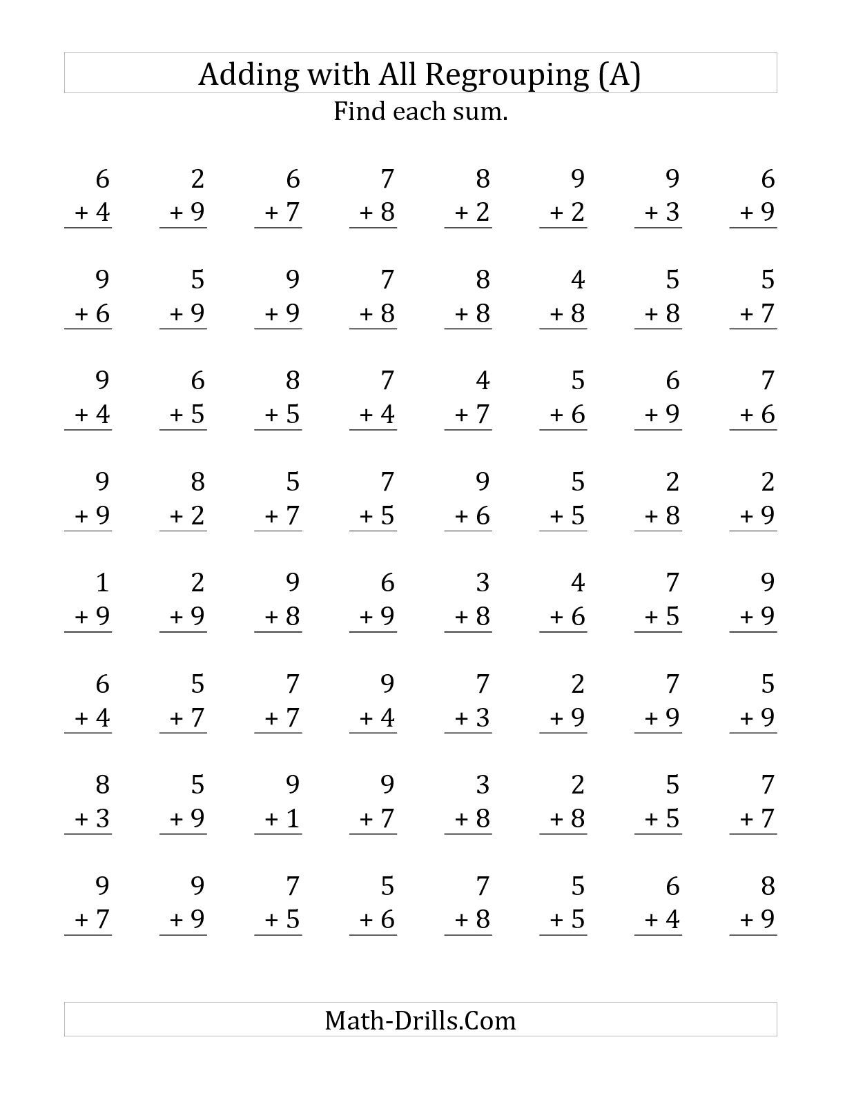 The 64 Single Digit Addition Questions All With Regrouping A Math 