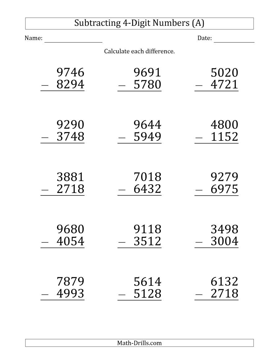 The Large Print 4 Digit Minus 4 Digit Subtraction A Math Worksheet 