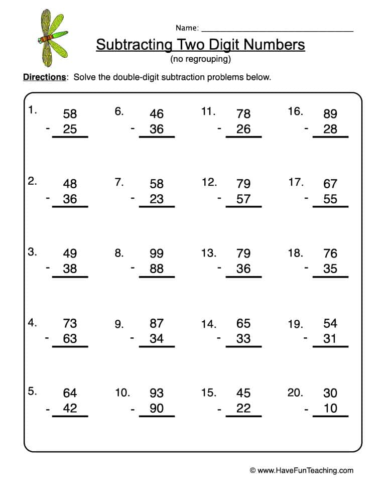 Two Digit Subtraction No Regrouping Worksheet Have Fun Teaching