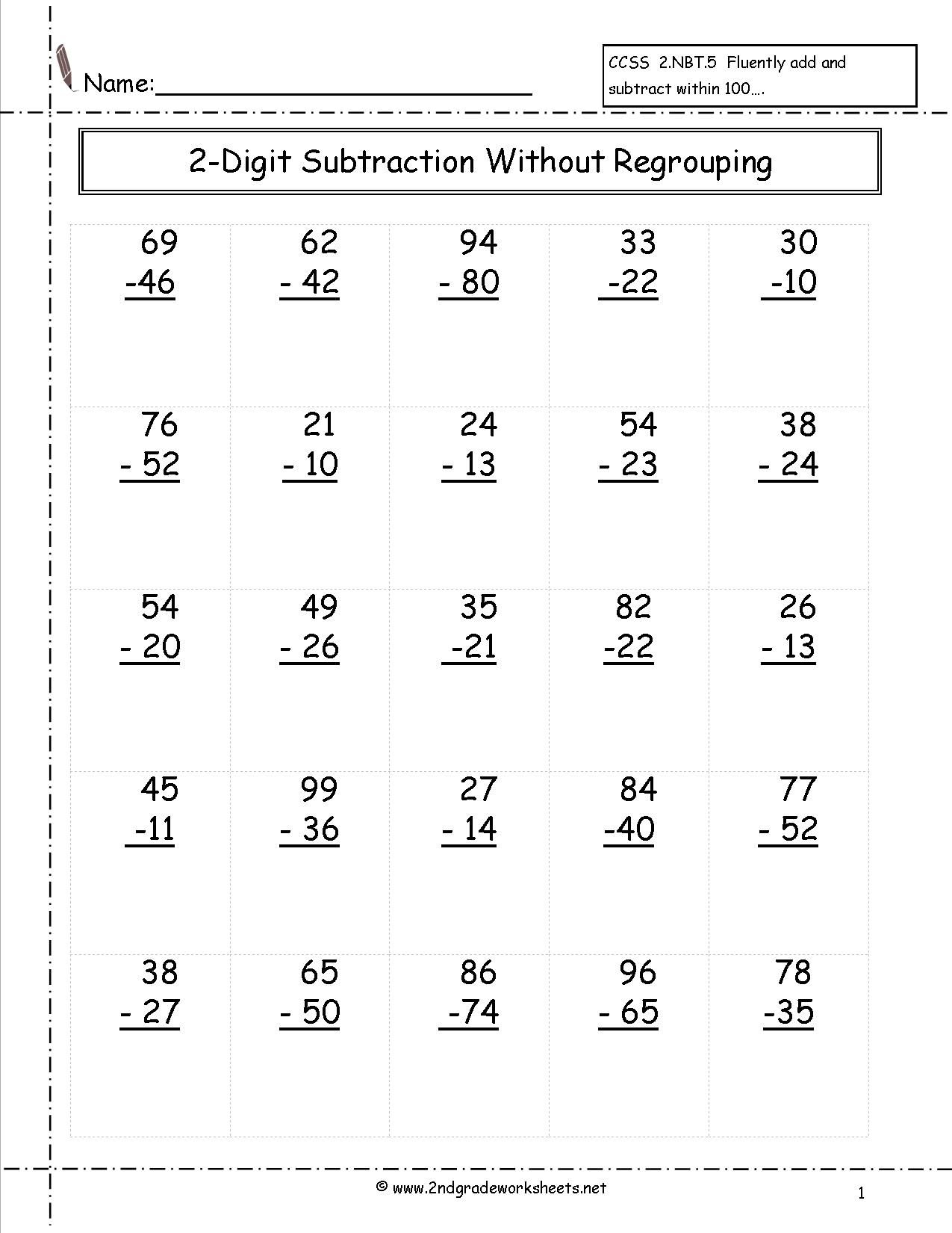 Two Digit Subtraction Without Regrouping Worksheet Addition And 
