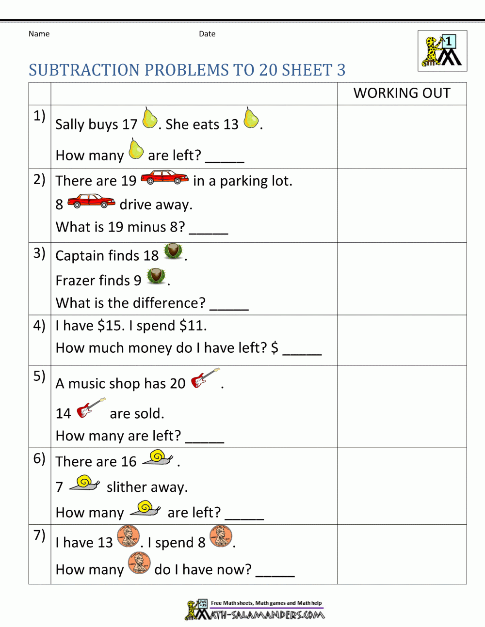 1st Grade Subtraction Word Problems