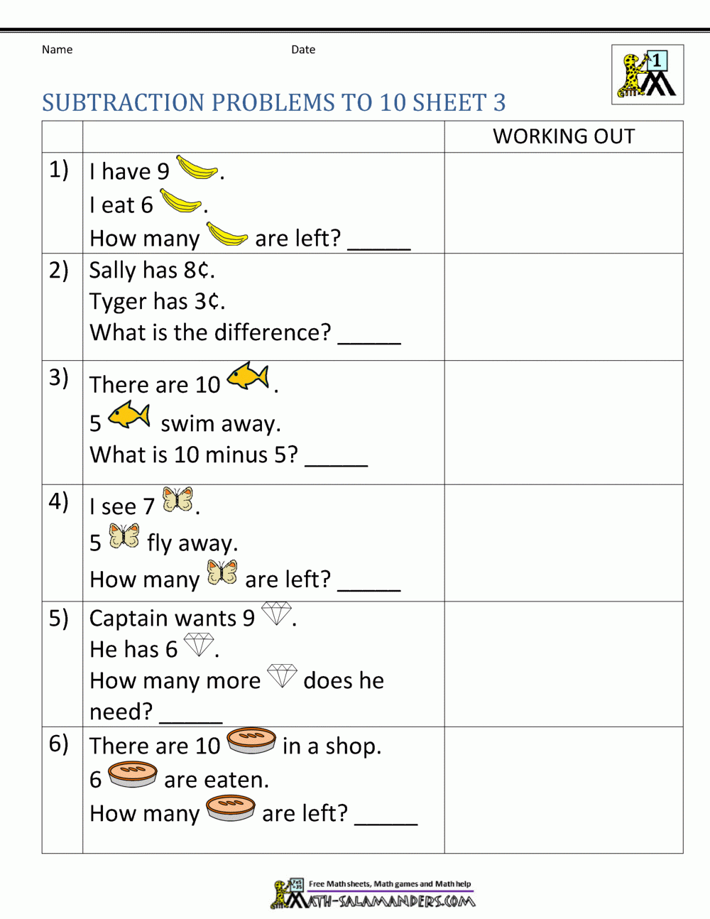 1st Grade Subtraction Word Problems