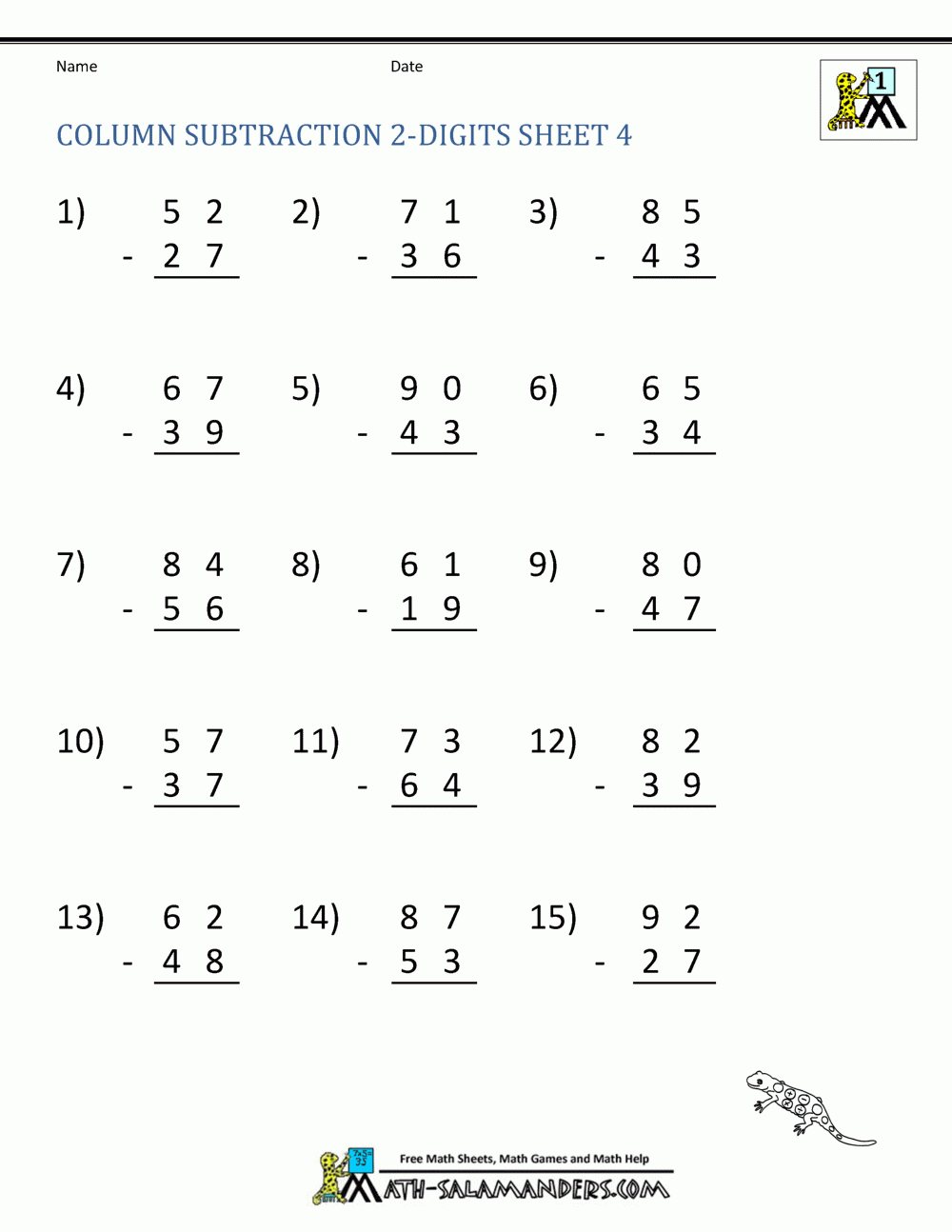 2 Digit Subtraction Worksheets