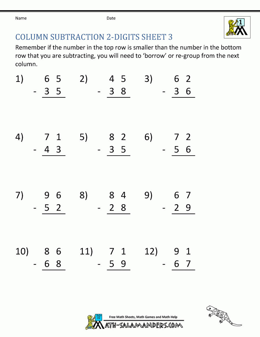 2 Digit Subtraction Worksheets