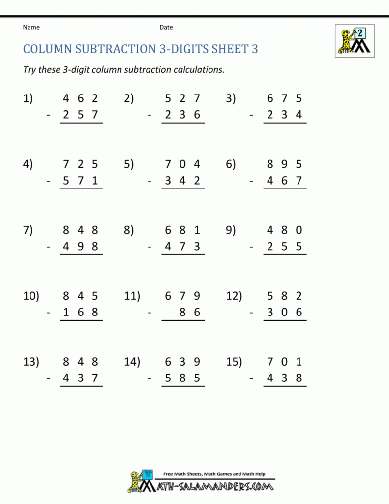 3 Digit Subtraction Worksheets