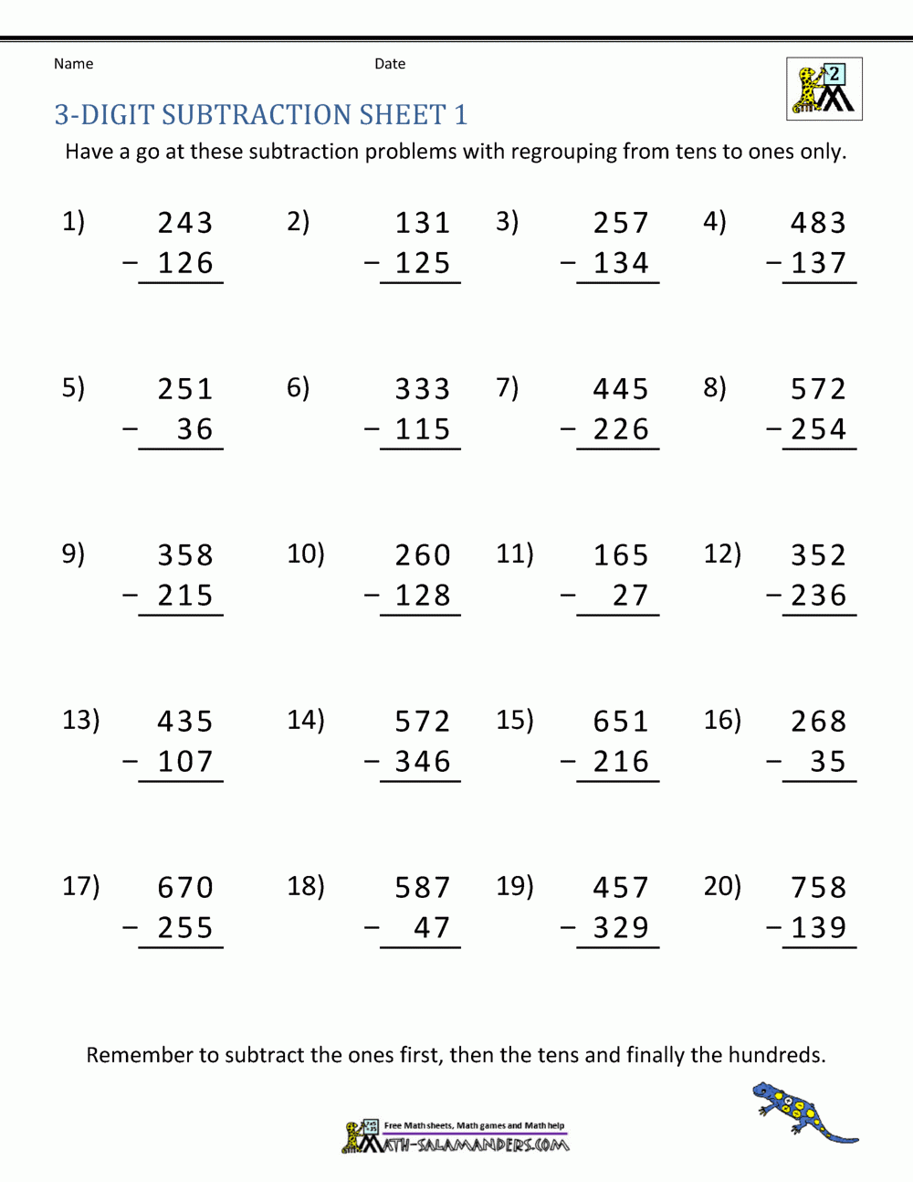 3 Digit Subtraction Worksheets