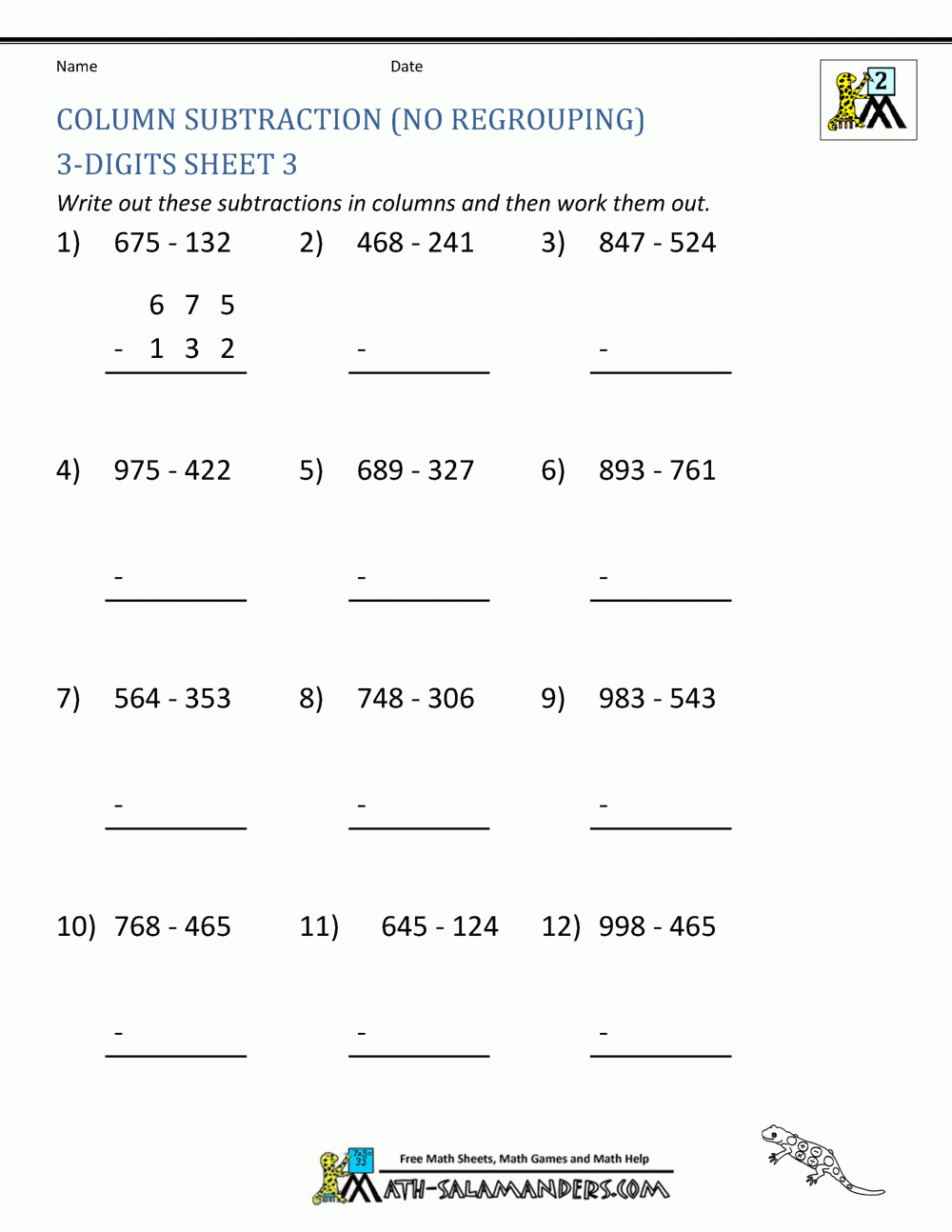 3 Digit Subtraction Worksheets